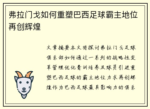 弗拉门戈如何重塑巴西足球霸主地位再创辉煌
